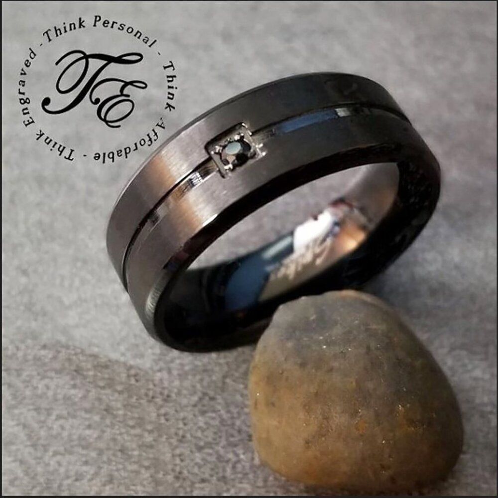 Matte Black Grooved With Black Jewel Wedding Ring Band - Wedding Ring For Him